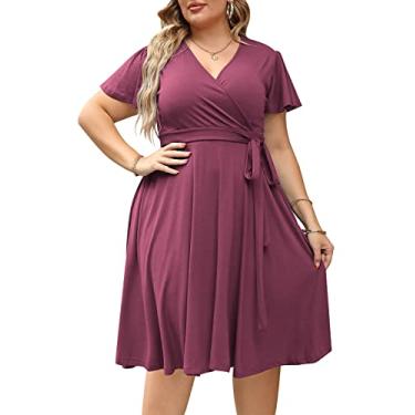 Imagem de Nemidor Vestidos plus size para mulheres curvilíneas, casual, verão, gola V, manga curta, midi coquetel, vestido vintage com bolso, Roxo claro, 22 Plus