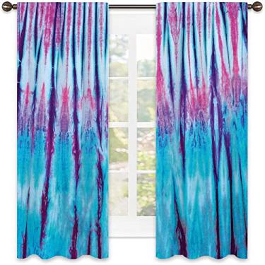 Imagem de Cortina de isolamento térmico tie dye, close-up de arte retrô com efeito tie dye gradiente vertical, cortinas blackout com absorção de som para decoração de sala de jantar/festa, L 132 x C 137 cm azul