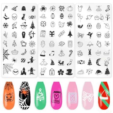 Imagem de beinkmake Conjunto de 3 peças de placas de estampagem de unhas para Natal, Halloween, modelos de carimbos de unhas de Páscoa, Dia de São Patrício, ferramentas reutilizáveis de metal com raspador de