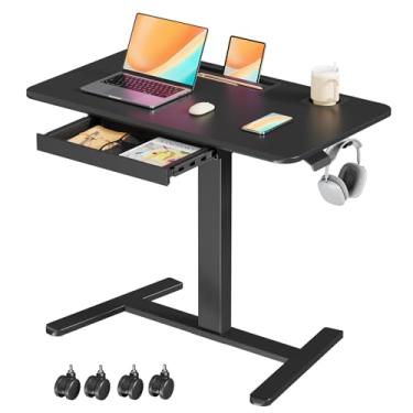 Imagem de JYLH JOYSEEKER Mesa de pé móvel com gaveta, mesa pequena de 89 cm com suporte para copos, carrinho de laptop com rodinhas sobre rodas, mesa ajustável em altura com armazenamento para escritório em