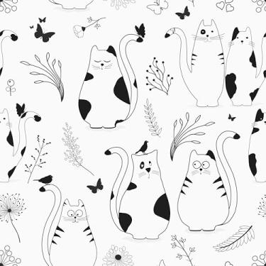Imagem de EPPKILY Papel de parede de gato branco/preto descasque e cole papel de parede botânico animal divertido fofo gatinho autoadesivo removível papel de contato para quarto de crianças quarto berçário