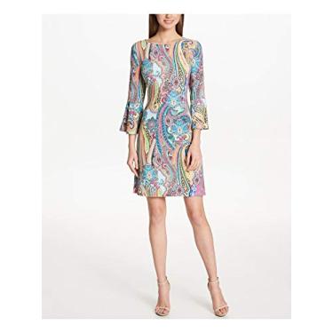 Imagem de Tommy Hilfiger Vestido feminino com gola redonda e manga sino, Rosa choque multi, 48