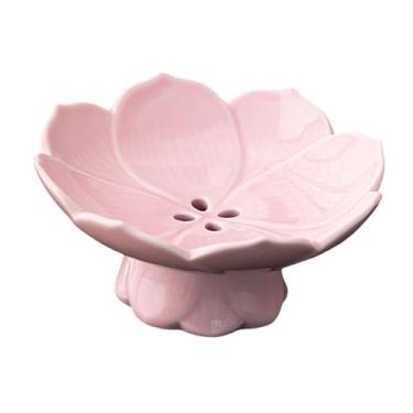 Imagem de IEUDNS Fruteira de cerâmica com pedestal de lótus e recipiente multiuso para drenagem de vegetais, prato de drenagem para restaurante, mesa central de casa, Rosa