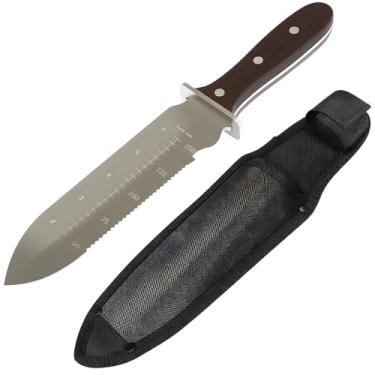 Imagem de joyhalo Faca de jardim Hori Hori, ferramentas de jardim com bainha para capina, plantio, escavação, lâmina de aço inoxidável de 19 cm com borda de corte, cabo de madeira completo com orifício para