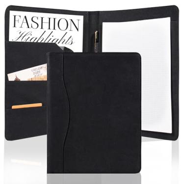 Imagem de AZXCG Pasta de couro genuíno para portfólio, pasta de currículo para entrevistas, porta-cartões de visita, organizador com almofadas legais A4 para homens e mulheres (preto)