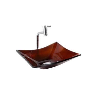 Imagem de Kit com Cuba Retangular De Vidro P/Banheiro Lavabo Apoio + Válvula Click + Torneira Link(Marrom)