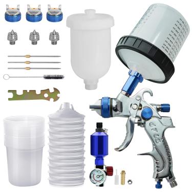 Imagem de Pistola de pulverização HVLP com 10 peças de copos de tinta descartáveis de 600 ml, 3 bicos, 1,4/1,7/2,0 mm, kit de pistola de pulverização de tinta de alimentação por gravidade automotiva com
