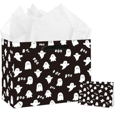 Imagem de SUNDECO Bolsa grande para presente fantasma – Saco de presente de terror preto e branco com papel de seda e cartão de felicitações, papel de embrulho fantasma para crianças, decorações de festa de