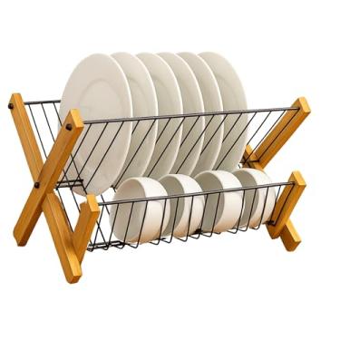 Imagem de Escorredor de Pratos Dobravel em Bambu e Metal 2 Andares, Portátil, Rack com Suporte para Louças, Copos e Talheres, com Inox Preto, 38 CM Capacidade de 20 Pratos