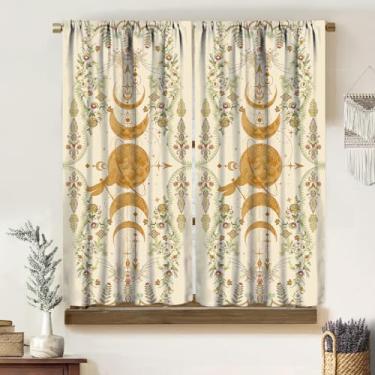 Imagem de Cortinas Boho Moonflower, clássico étnico tribal vintage padrão floral fase da lua jardim estética natureza impressão blackout bolso haste tratamentos cortinas para quarto sala de estar cozinha 106 cm