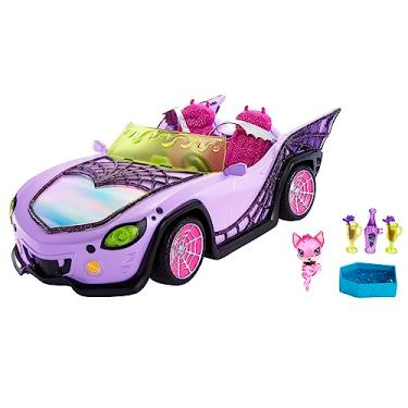 Imagem de Monster High Carrinho de brinquedo, móbile Ghoul com acessórios para animais de estimação e refrigerador, conversível de tamanho de boneca roxa com detalhes de teia de aranha