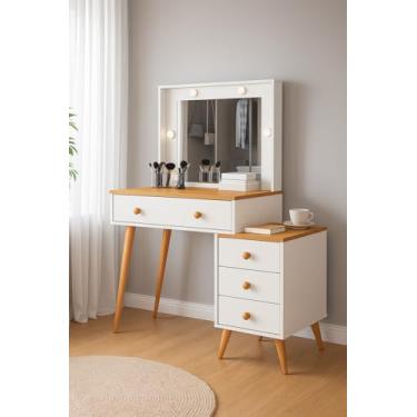 Imagem de Penteadeira Camarim Led Minimalista 4 Gavetas Moderna Espelho Moderna Decorativa Maquiagem (Branco/Nature)