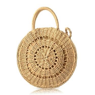 Imagem de QTKJ Bolsa feminina moderna de ombro vazada boho verão praia redonda de palha de vime bolsa carteiro bolsa de mão feminina