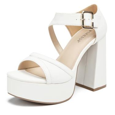 Imagem de WSKEISP Sandálias femininas de salto alto plataforma com bico quadrado na moda, preto, branco, rosa, prata, dourado, salto alto, tira no tornozelo, festa, vestido de casamento, Branco, 37
