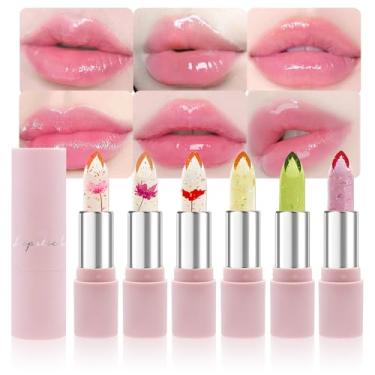 Imagem de BINGBRUSH 6 batons que mudam de cor, geleia de flor de cristal rosa pH humor de longa duração Labiales hidratante labial hidratante labial mágico coreano brilho labial 24 horas conjunto de maquiagem