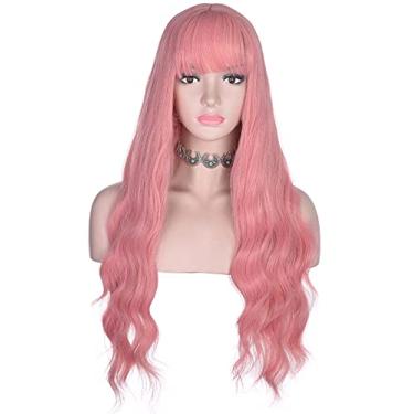Imagem de AMZCOS Peruca longa ondulada rosa com franja para mulheres, perucas de cabelo sintético resistentes ao calor para o dia a dia, eventos de cosplay (rosa)