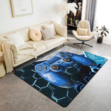 Imagem de Tapete para meninos para jogos 1,5 x 1,80 m, consoles de videogame azul, tapete decorativo para cabeceira e sala de estar, decoração de quarto de jogador, colmeia geométrica, antiderrapante, lavável
