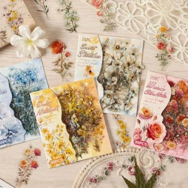 Imagem de Kit de adesivos de scrapbook de flores retrô, 120 peças, flores coloridas, PET, transparente, impermeável, conjunto de adesivos para lixo, diário, garrafas de água, telefone, laptop, decalques para