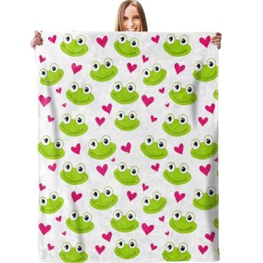 Imagem de Cobertor fofo de sapo e coração – Pelúcia, macio, confortável, leve, quente, felpudo e aconchegante cobertor de flanela para sofá, viagens, cama, escritório, exterior - 127 cm x 152 cm