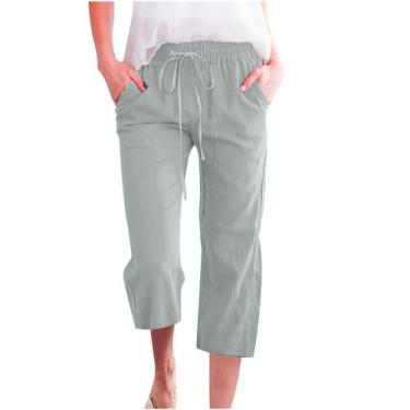 Imagem de Calças casuais femininas, pernas largas, capris, verão, cordão, linho 
