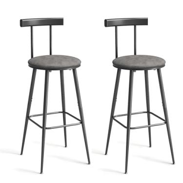 Imagem de Bancos de bar, conjunto de 2 bancos altos de cozinha, cadeiras de bar com encosto e apoio para os pés, bancos industriais com assento macio de poliuretano, para cozinha, sala de estar, pub, cinza BS