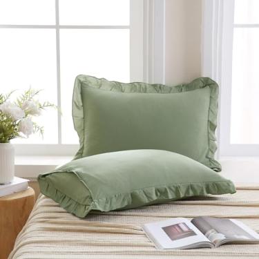 Imagem de Merryword Conjunto de 2 fronhas verdes abacate king size com babados, conjunto de 2 fronhas fofas, verde sólido, chique, 2 unidades