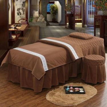 Imagem de JONKMY Jogo de lençol de mesa de massagem, saia de cama de beleza, 4 peças, macio, simples, spa, salão, salão, cama, saia para cama com orifícios, conjunto de cama especial - marrom | 70 x 190 cm