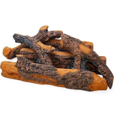 Imagem de BIOMAND Toras de lareira a gás de cerâmica, 6 peças realistas para fogueira ao ar livre, conjunto de madeira artificial falsa para inserções de gás ou propano, toras de fogo falsas reutilizáveis para