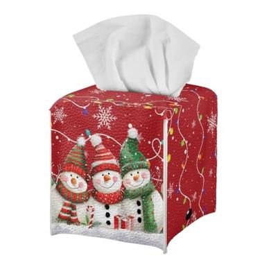 Imagem de HUISEFOR Capa quadrada de boneco de neve para sala de estar, suporte de caixa de lenços de couro PU para banheiro, suporte de papel higiênico portátil com cinto inferior, decoração de Natal