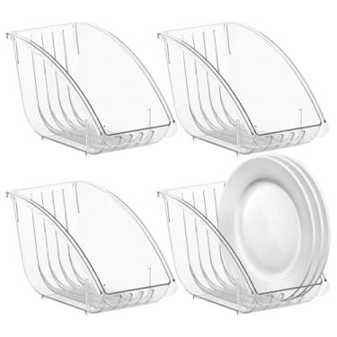 Imagem de 4 suportes para pratos de papel, escorredor de pratos transparente de 25 cm, dispensadores verticais de pratos com 5 compartimentos, organizadores compactos de tigelas transparentes, prateleiras de