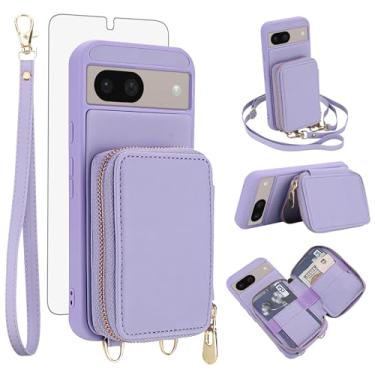 Imagem de Capa de celular para Google Pixel 8 5G com protetor de tela de vidro temperado, alça transversal para pulso, suporte de cordão com bloqueio de RFID, suporte para cartão de crédito, zíper, Pixel8, oito