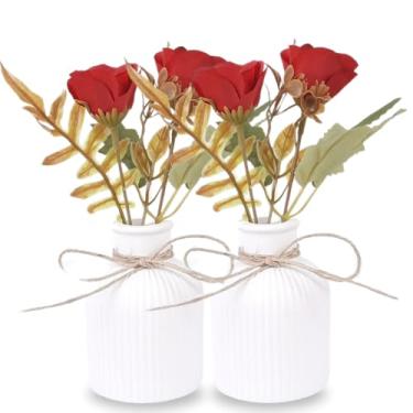 Imagem de Kit 2 Arranjos Com Vasos de Gesso Planta Artificial Decorativa(Rosa Vermelha)