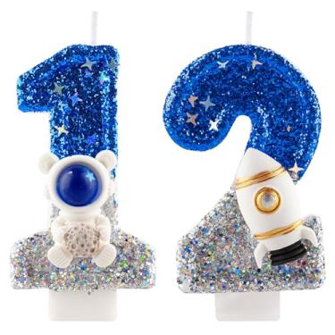 Imagem de Vela de aniversário de 12 anos com glitter astronauta espacial número 12 velas azul prata topo de bolo decorações vela feliz aniversário para meninas menino aniversário suprimentos de festa