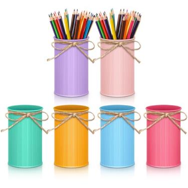 Imagem de Domensi 6 peças de porta-lápis de metal colorido para caneta arco-íris, copos de giz de cera, baldes de metal com laço de barbante, pequenos vasos de lata galvanizados para flores artificiais, sala de