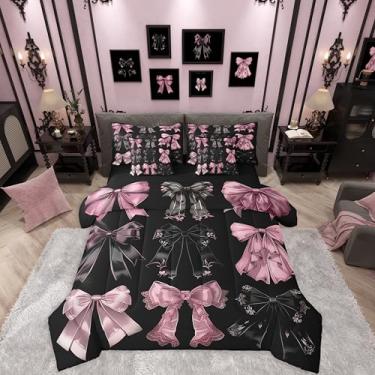 Imagem de Erosebridal Conjunto de edredom com laço preto e rosa king size em uma bolsa para meninas, meninos, adolescentes, conjunto de cama com laço de renda fofo, 7 peças, decoração de quarto
