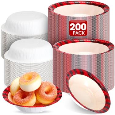 Imagem de Jinei 200 tigelas de papel de Natal a granel de 473 ml, tigelas xadrez xadrez de búfalo vermelho e preto, copos descartáveis para servir sopa de lanche para suprimentos de festa de Natal