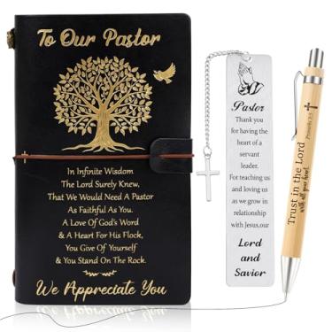 Imagem de Shejdgart Presentes de agradecimento de pastor para homens, tema religioso versículo bíblico preto couro sintético caderno de metal e caneta, presentes de Natal cristãos para apreciação pastor