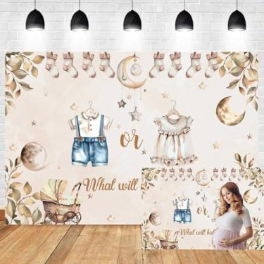 Imagem de 2,1 x 1,5 m pano de fundo revelador de gênero ele ou ela fundo fotográfico rústico folhas de eucalipto meias estrelas cenário de foto recém-nascido revelar surpresa festa decoração banner suprimentos