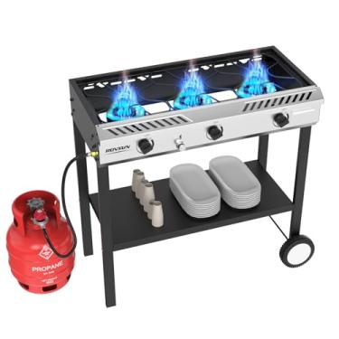 Imagem de ROVSUN Queimador de propano externo de 3 queimadores com ignição e regulador, fogão a gás potente e portátil de 225.000 BTU para uso ao ar livre para quintal, pátio, cozinha, casa, acampamento