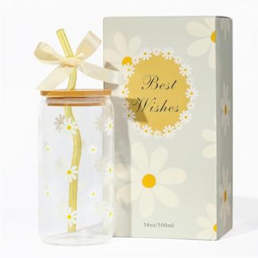 Imagem de Copos de vidro fofos com tampas e canudos, xícara de café gelada margarida, canecas de café fofas, caneca estética bege para aniversário, dia das mães, Natal, dia dos namorados, amante de café 473 ml