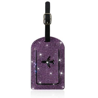 Imagem de MINGZAIQIPEI Etiqueta de bagagem com strass de cristal brilhante – Etiqueta de bagagem de diamante brilhante para bolsa, bolsa escolar, mala, instrumento, Roxa, 13.5*9.4cm, 1