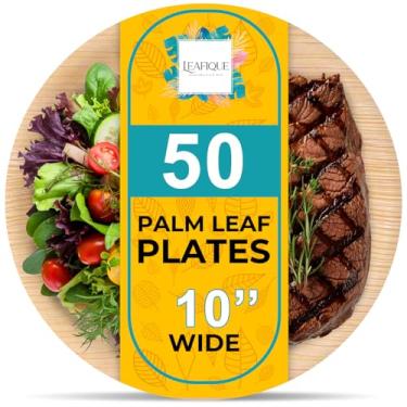 Imagem de Prato redondo de folha de palmeira 100% natural de 25,4 cm (pacote com 50), utensílios de jantar compostáveis e biodegradáveis para bufê, aniversários, Halloween, churrascos, Ação de Graças,