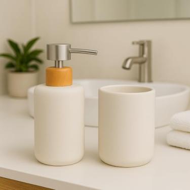 Imagem de Kit de Banheiro 2 Peças para Lavabo Banheiro Porta Sabonete liquido Dispenser Porta Escova de Dente Conjunto de Cerâmica para Pia Decoração Moderno Estilo Madeira (SNOW BRANCO)