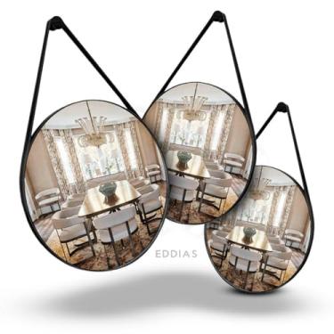 Imagem de Espelho Redondo de Parede com Alça de Couro - Decorativo para Sala, Quarto e Banheiro - Design Artesanal - Inclui Kit Montagem (Kit 3 30cm - Preto)