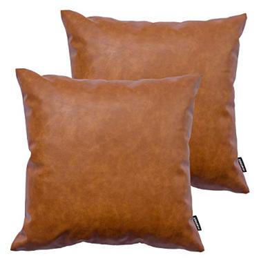 Imagem de Capas de almofada de couro da Homfiner, Brown, Cognac, Tan, Camel, Caramel, Saddle, Carmel, 20" x 20", Set of 2