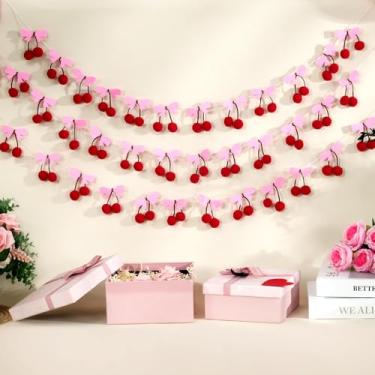 Imagem de 3 peças de decorações de festa com laço de cereja pré-amarrado laço rosa pompons 3D banner pendurado fofo feltro fruta cereja guirlanda para aniversário, chá de bebê, despedida de solteira, Natal