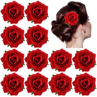 Imagem de Conjunto de broches e grampos de cabelo Flamenco Dancer Red Rose Flowe