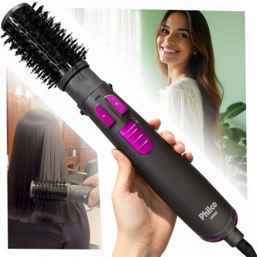 Imagem de Escova Rotativa Secadora Philco 1300W Bivolt PER02 Íon Tourmaline Duplo Sentido Rotação Preto Pink