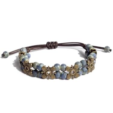 Imagem de Zlanderah Pulseira Boho feita à mão, pulseira de contas de cerâmica azul-petróleo de camada dupla com flor de cobre vintage, pulseira hippie ajustável para mulheres