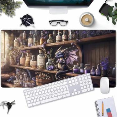 Imagem de Tapete de mesa de dragão roxo fofo e grande para jogos, mouse pad de mesa Dragon Magic, mouse pad estendido para jogos, decoração de escritório para PC, laptop, mouse pads (80 x 39,9 cm) com base